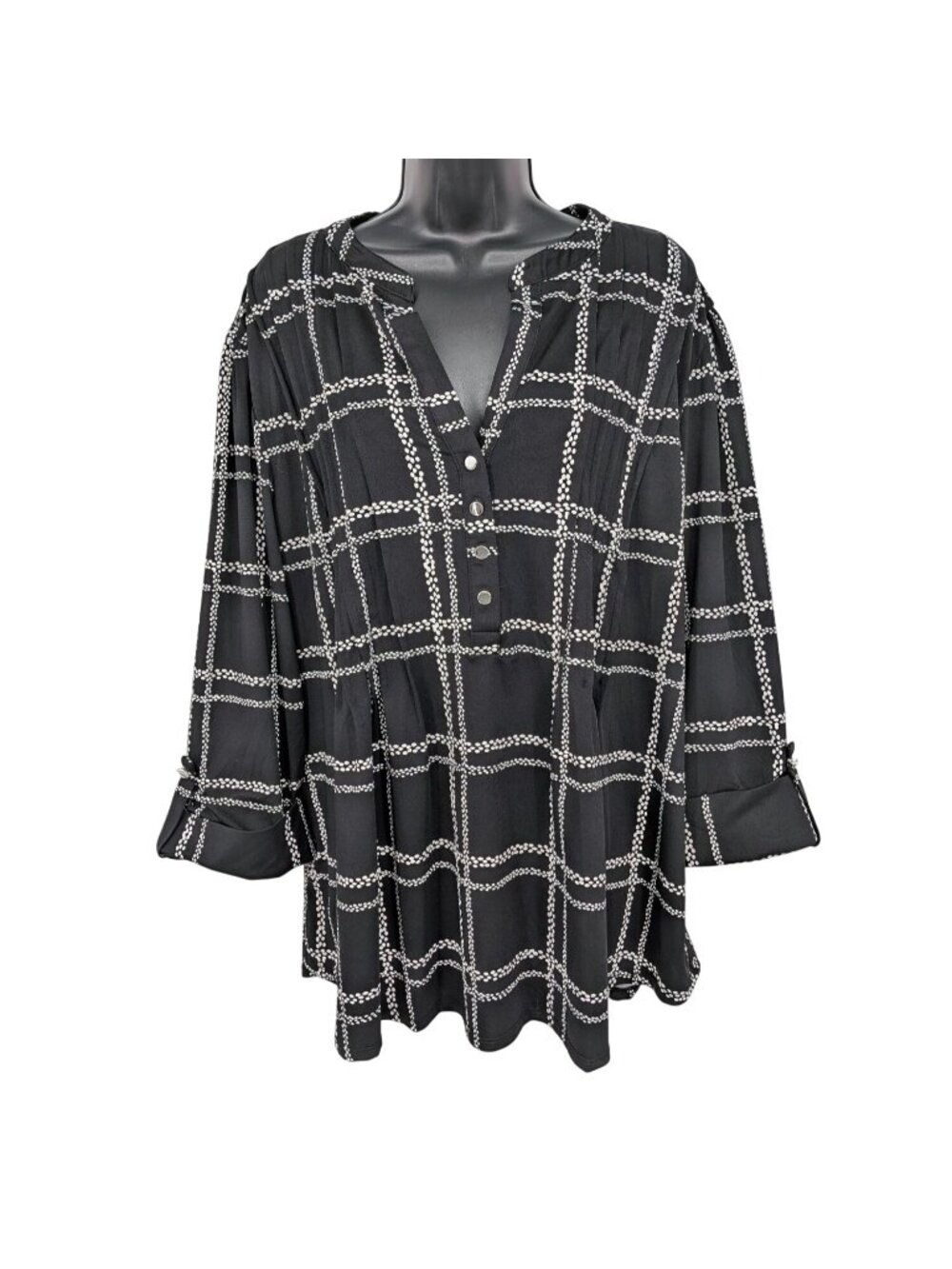 Cocomo‎ Grid Print Tunic Top Office Roll Tabs Pintuck Minimalist Career Plus 3X